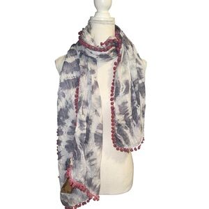 NATURAL LIFE Gray Tie-Dye Scarf with Pink Pom Trim